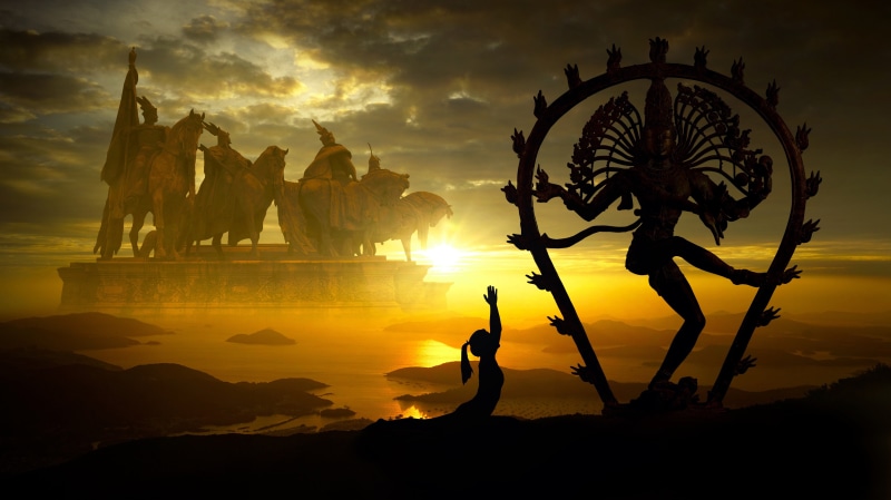 lies, horses, hills, shore, dawn, Indra, dance of Shiva, arch, statues, height, religion, faith, ancient Indian, sculpture, art, dance, fiction, warriors