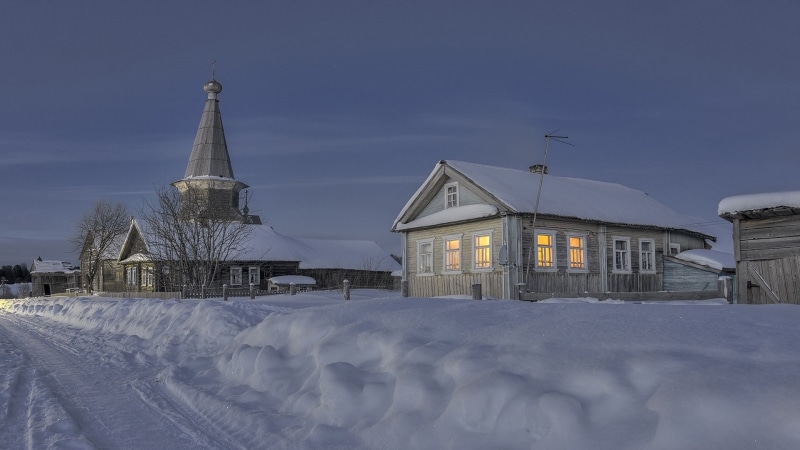 church, snow, ice, place of worship, house, 1080P, winter, evening, village