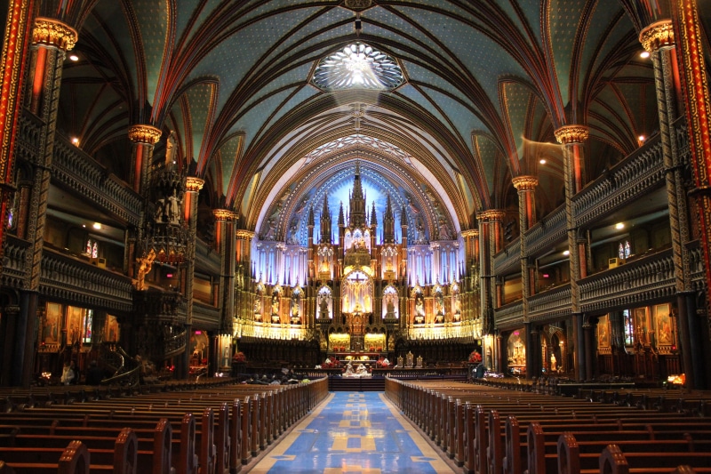 architecture and art, arch, place of worship, pew, building, illuminated, interior, montreal, aisle, 5K, ornate, glass, church, architecture, photo, ceiling