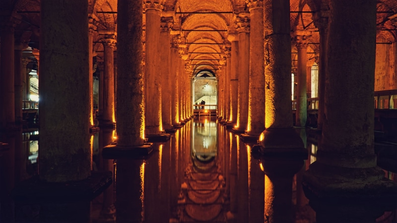 arch, no people, building, direction, Turkey, yerebatan, indoors, architectural column, illuminated, underground, architecture, religion, byzantine, spirituality
