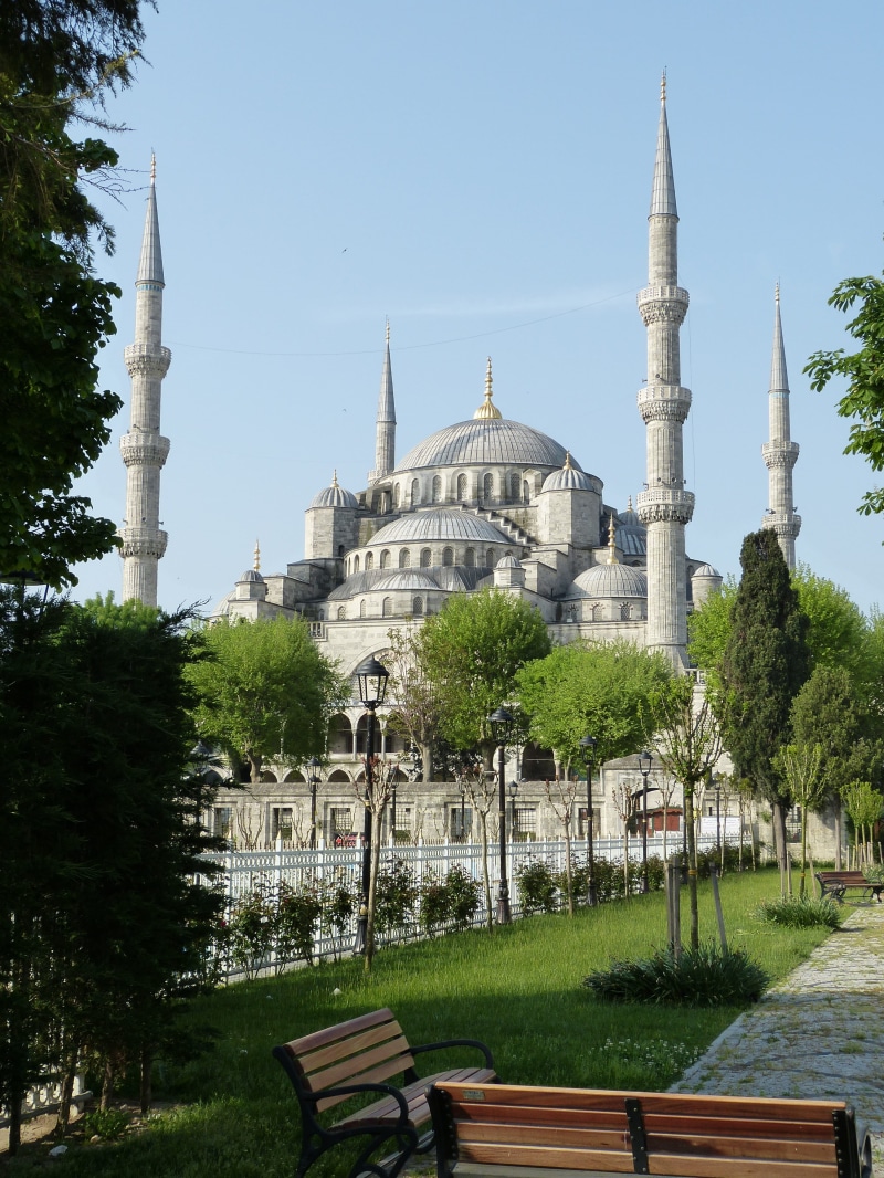 spirituality, islam, religion, travel destinations, dome, mosque, day, no people, two, benches, architecture, park, plant, tourism, Blue Mosque, allah