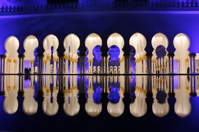 emirates, grand, drink, religious, lights, concrete, abu dhabi, mosque, built structure, holy, masjid, in a row, minaret, culture, temple, indoors, blue