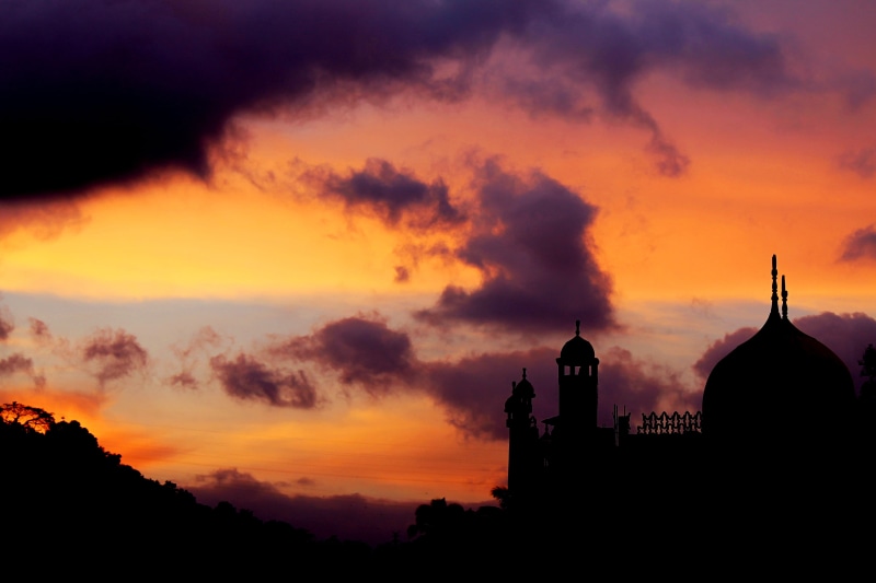 belief, sacred, orange color, religion, mountain, built structure, no people, outdoors, village, islam, sri lanka, concrete, religious place, clouds, spirituality