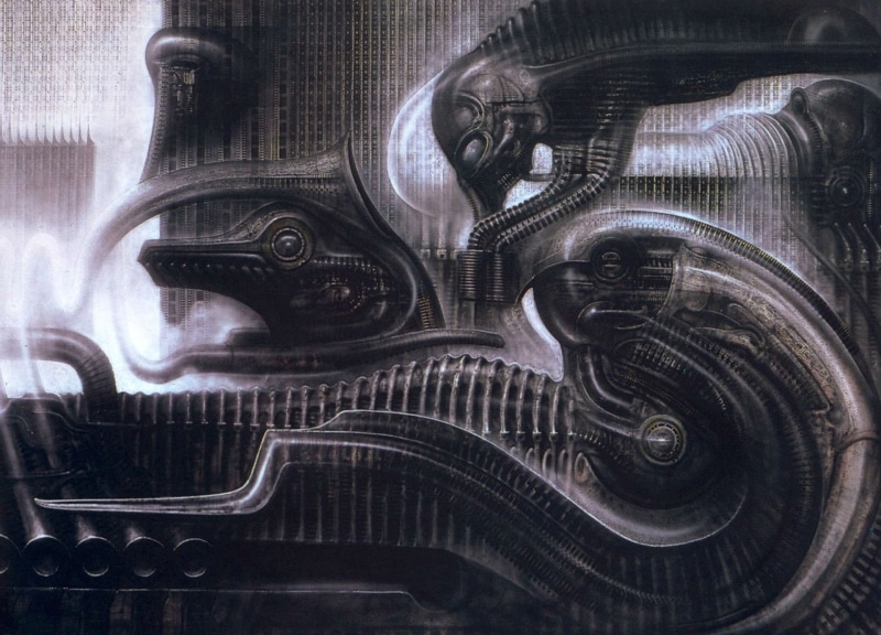 r, variation, fantasy, horror, studio shot, h, technology, sci, Aliens, indoors, steel, art, alien, fi, transportation, shiny, close-up, no people, Giger