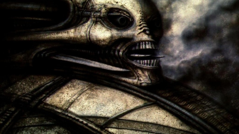 representation, artistic, 2K, r, outdoors, Dark, focus on foreground, male likeness, Giger, statue, metal, art, sci, art and craft, Evil, close-up, craft