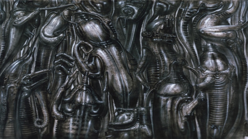 textured, reflection, gray, metal, 1080P, design, art and craft, backgrounds, silver colored, surreal, abundance, pattern, indoors, H. R. Giger, black color