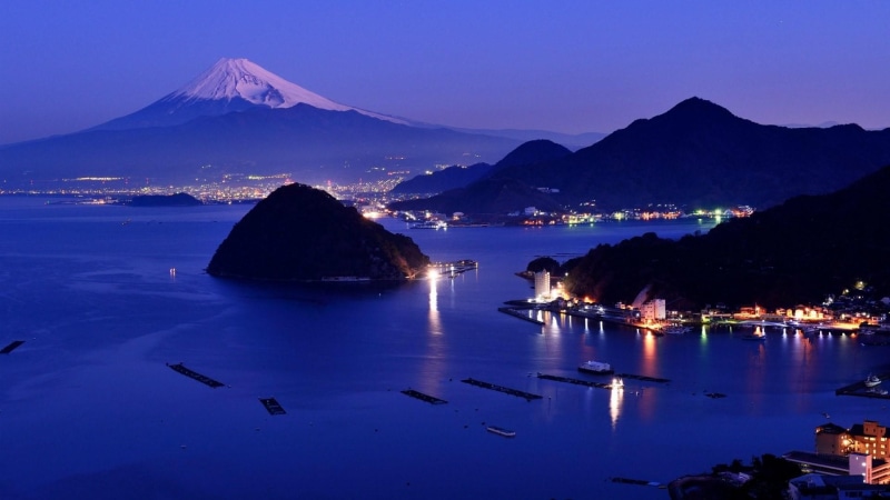 nature, fuji, japan, sky, dusk, coast, sea, evening, reflection, mount fuji, island, asia, night, 1080P, bay, mount scenery, mountain
