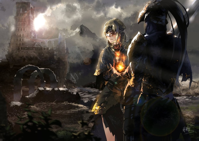 architecture, Anime, smoke - physical structure, mask, people, artwork, 1080P, outdoors, illuminated, anime style, nature, real people, day, dark souls iii