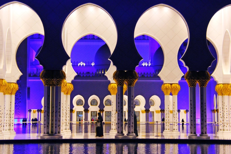 religion, no people, architectural column, outdoors, building exterior, place of worship, abu dhabi, illuminated, history, famous, blue, tourism, built structure