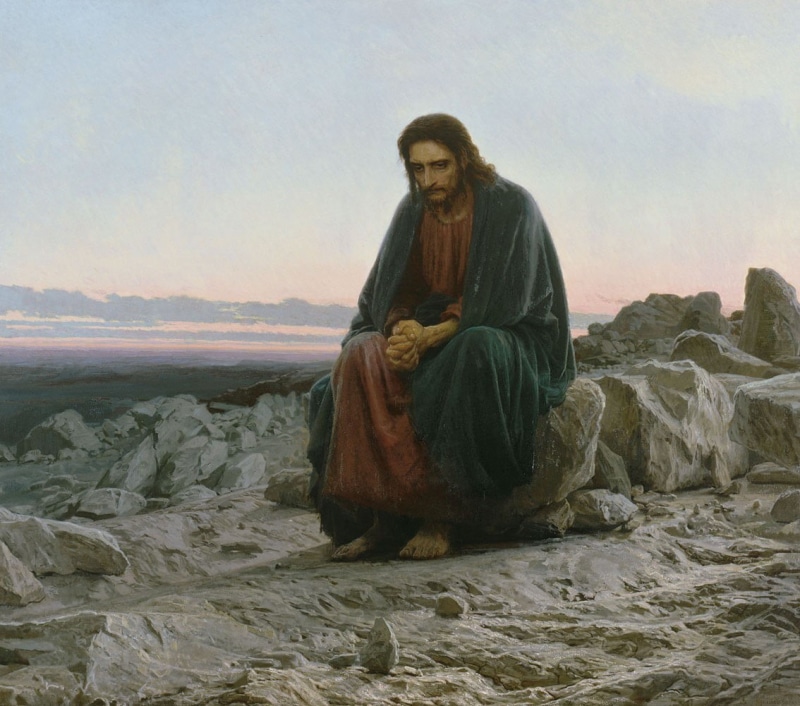 clothing, nature, leisure activity, sitting, beauty in nature, sky, solid, desert, artwork, adult, Jesus Christ, painting, rock - object, three quarter length