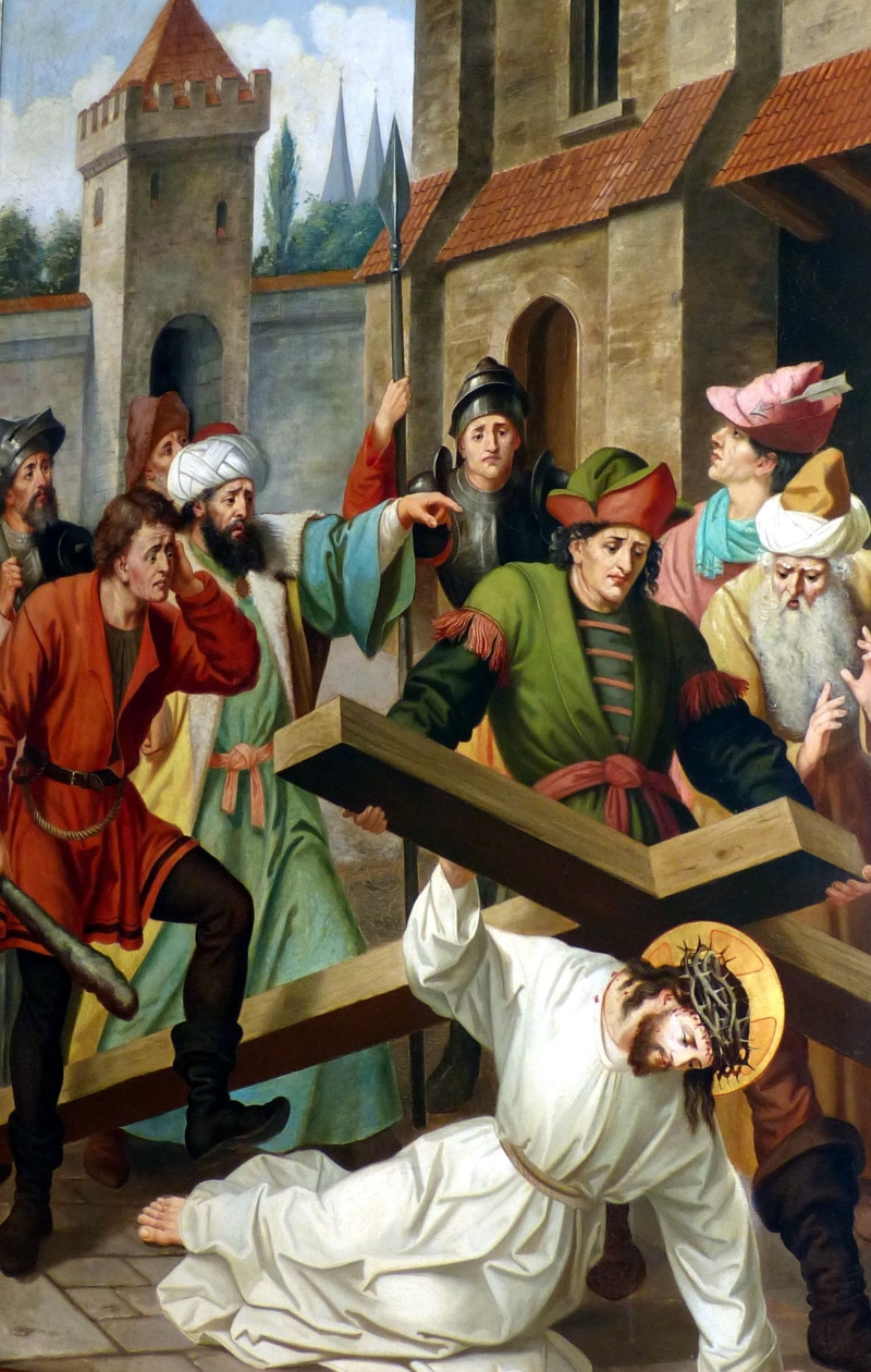 building exterior, large group of people, mourning, real people, jesus, carrying, built structure, belief, spirituality, faith, building, crucifixion, day