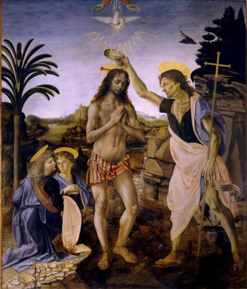 baptism uffizi, faith, human representation, saint jean baptist, clothing, art, baptism, statue, baptist, art and craft, bird, andrea, vinci, andrea del verrocchio