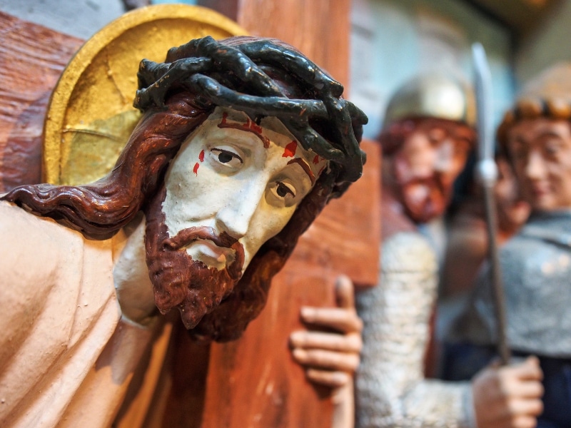 people, religious, church, 4K, indoors, shallow, christianity, crucifixion, cross, sacred, soldier, mid adult men, field, christian, depth of field, representation