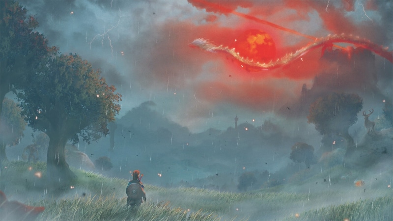The Legend of Zelda: Breath of the Wild, Zelda, Fantasy, Dinraal (The Legend of Zelda), 1080P, Painting, Link