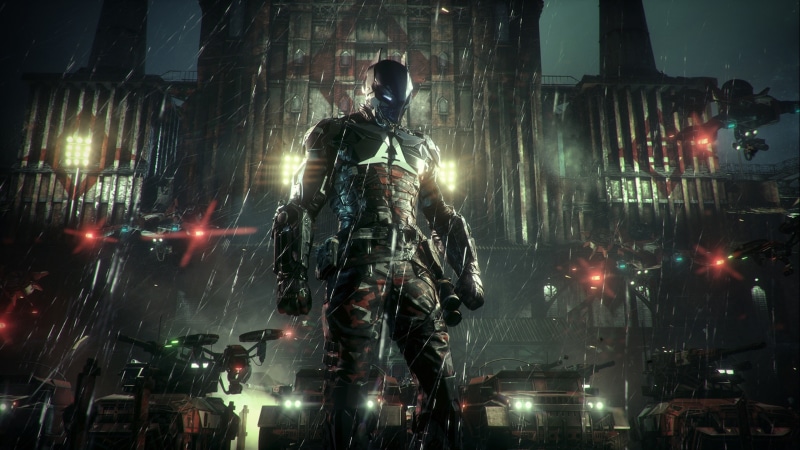 men, Gotham City, war, people, smoke - Physical Structure, steel, power, art and craft, equipment, statue, illuminated, lighting equipment, Batman: Arkham Knight