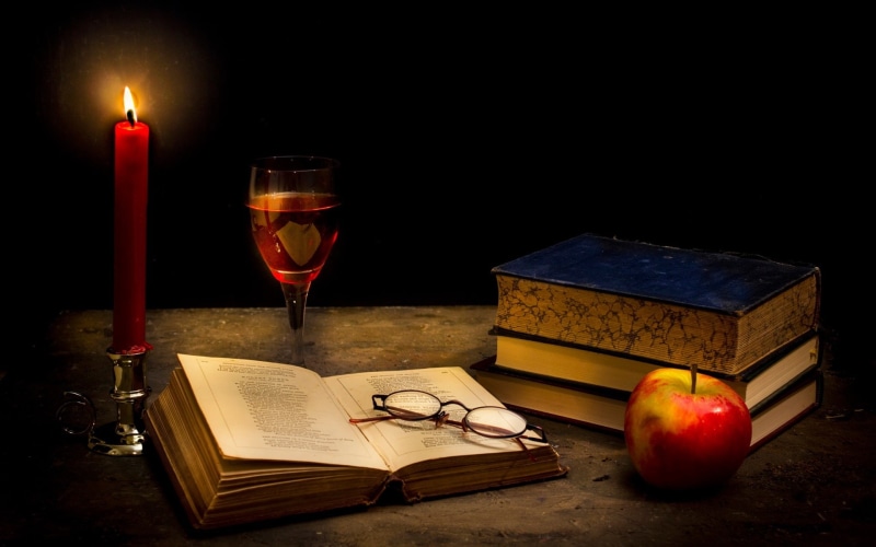 Candle, Apple, Glass, Books, Tranquillity, Dark, 1080P