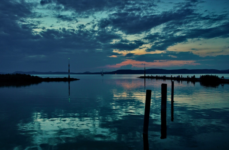 5K, beauty in nature, blue, wooden post, dusk, summer, sunset, sea, cloud - Sky, Blue, hot, lake balaton, Water, Nature, no People, scenics - nature, scenics