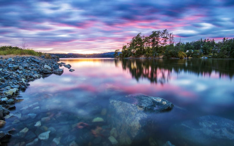Scenery, Nature, 1080P, Stones, Water, Tranquility, Trees, shallow, clear, Sunset, Lake