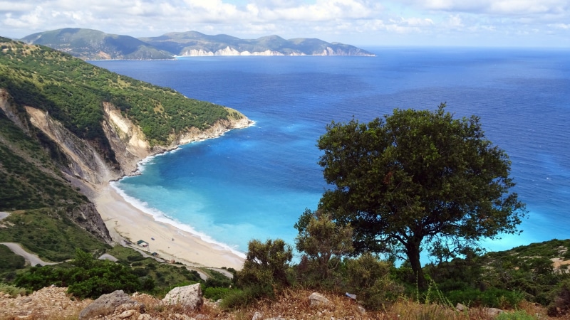 blue, plant, scenics, sea, turquoise colored, beach, coastline, turquoise, tranquility, Cephalonia, tranquil scene, summer, 5K, land, Island, bay, tree