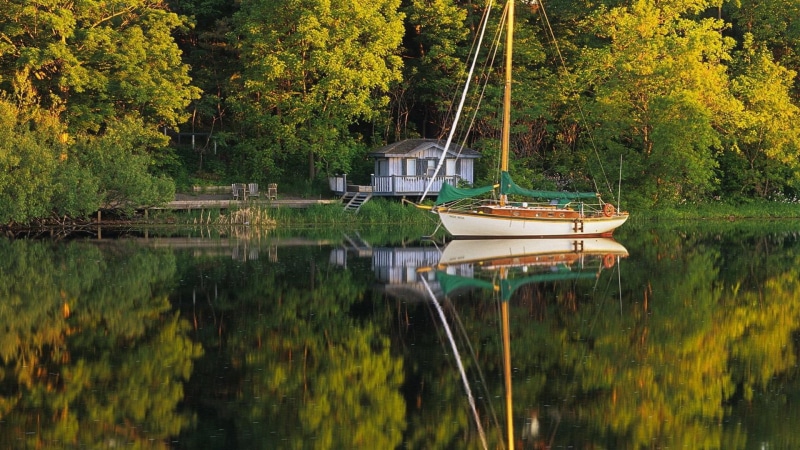 scape, cabin, trees, tranquil, nature and landscapes, 1080P, boat, lake