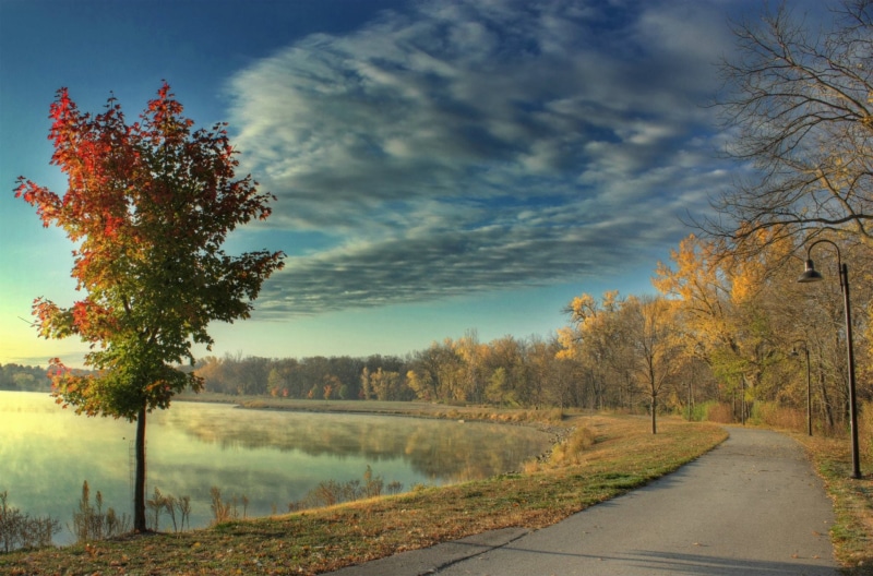 yellow, day, cloud - sky, tree, nature, beauty In Nature, creek, scenics, Creek, tranquil Scene, sky, lake, fall, Lake, landscapes, no People, pleasant hill