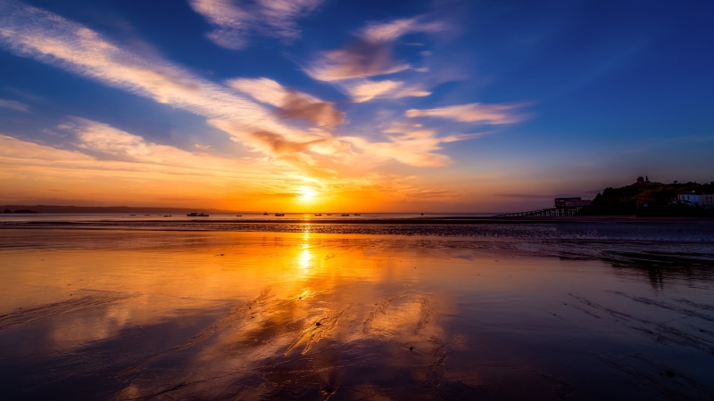 Sea, Sky, low tide, calm, sand, non-urban scene, Sand, sunrise, red, clouds, sun, romantic sky, horizon, no people, pembrokeshire, sea, horizon over water