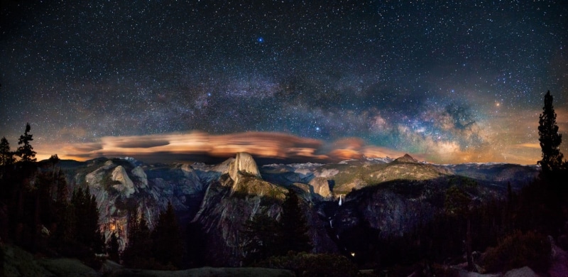 nature, 720P, snowcapped mountain, landscape, star field, panoramas, long exposure, clouds, tranquility, star, forest, no people, panoramic, astronomy