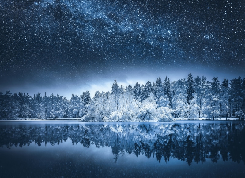Milky Way, Finland, reflection, forest, 1080P, water, lake, snow, nature, trees, fall, starry night, long exposure, landscape
