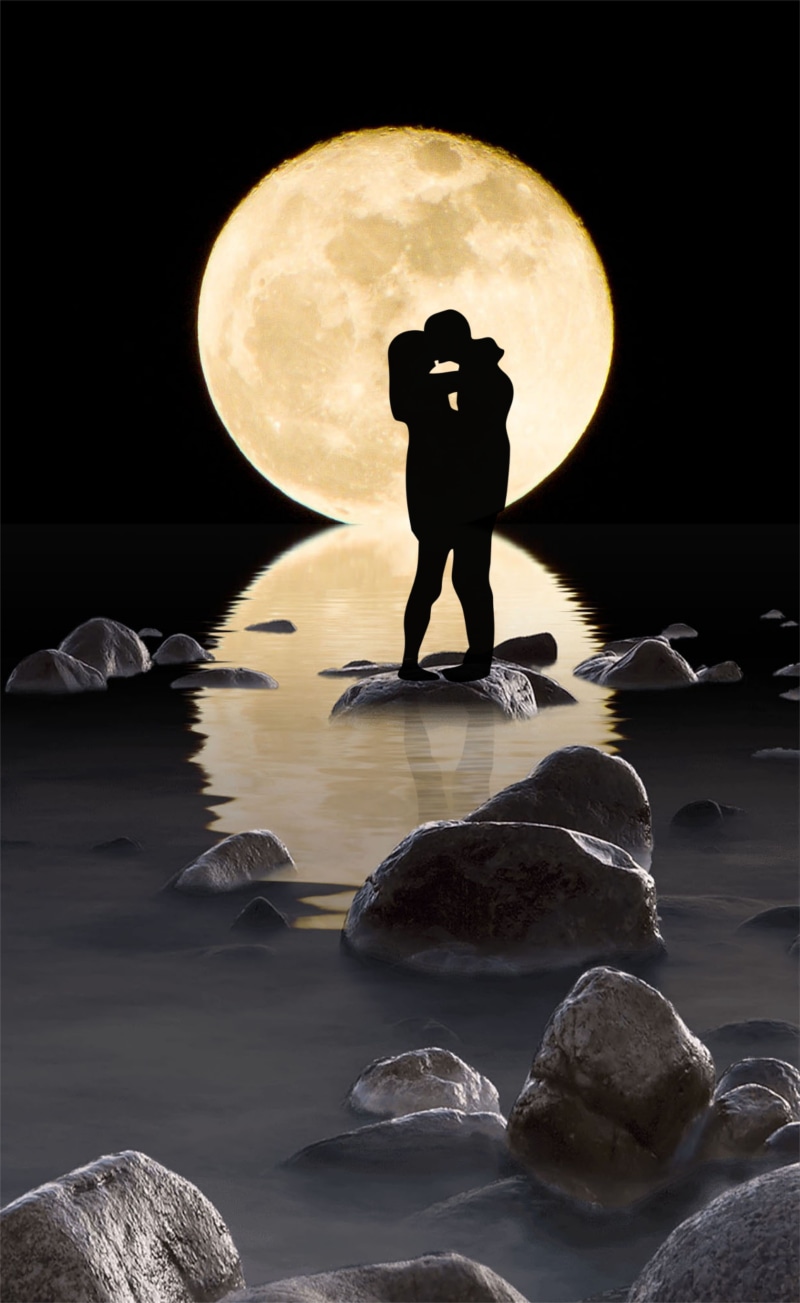 silhouette, solid, kiss, digital composite, woman, real people, man, full length, moon, water, beauty in nature, men, romantic, couple, reflection, one person