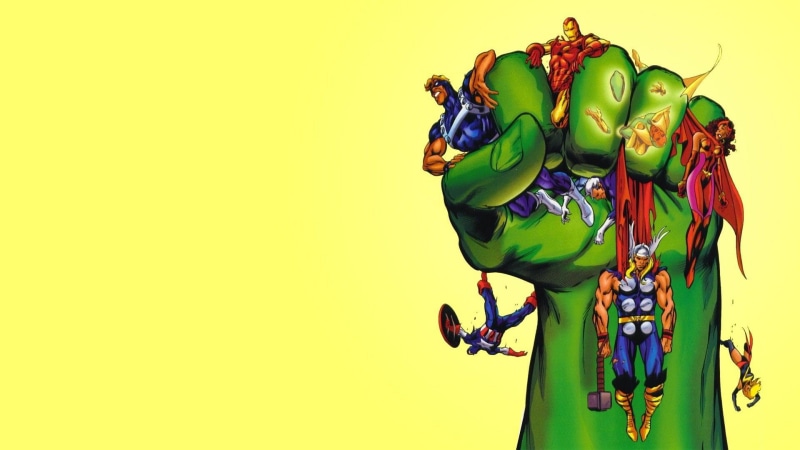 close-up, superheroes, The Avengers, outdoors, multi colored, no people, Vision, Hulk, yellow background, copy space, still life, creativity, minimalism