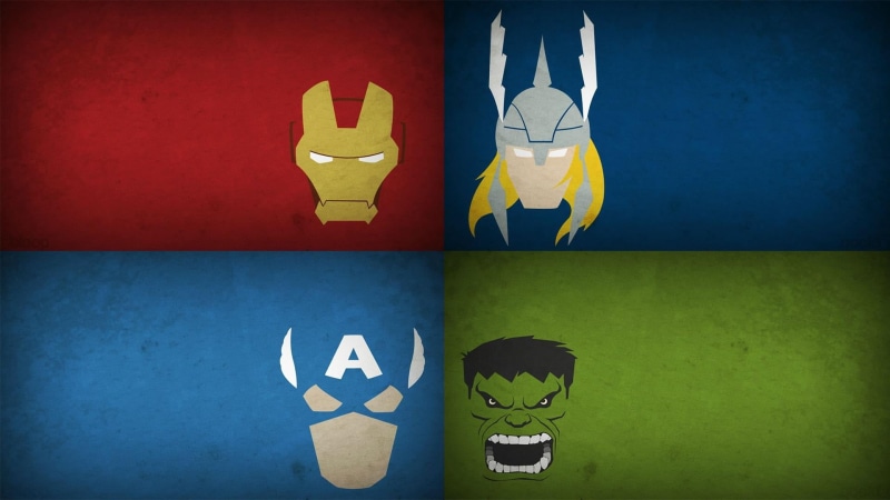 indoors, container, representation, Thor, heroes, marvel, collage, wall - building feature, Blo0p, yellow, studio shot, art and craft, close-up, Hulk, Captain America