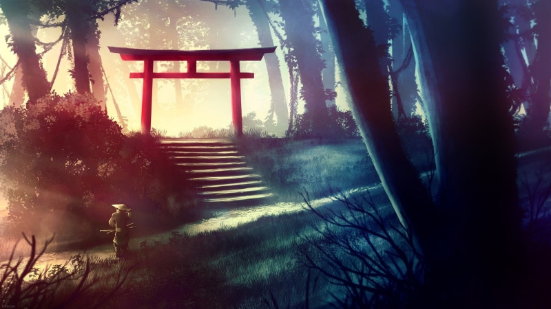 Shrine, Forest, 1080P, Tree, Fantasy, Warrior, Samurai, Path