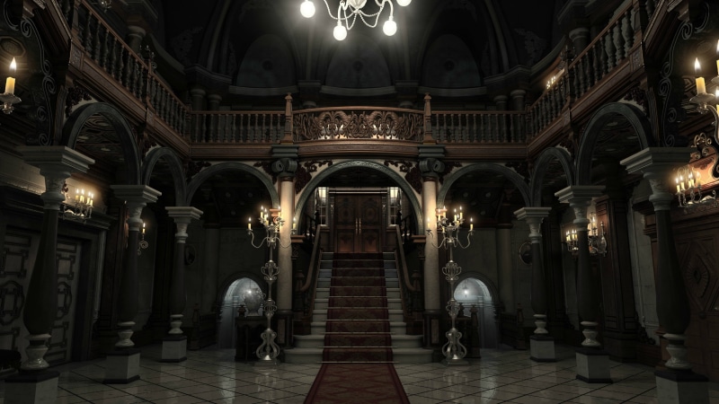 architectural column, building, 4K, lighting equipment, paint, history, belief, house, the past, indoors, ceiling, architecture, Resident Evil, illuminated