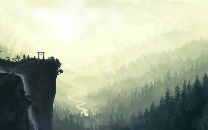tranquil scene, mountain peak, light, river, cliff, forest, no people, silhouette, tree, fog, hill, cloud - sky, mountains, environment, mist, mountain