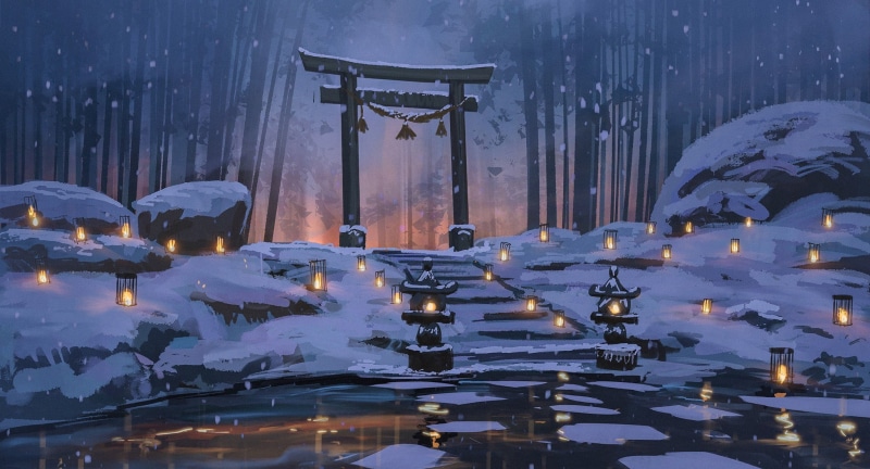 1080P, forest, lake, winter, snow, lantern, anime, torii, Surendra Rajawat