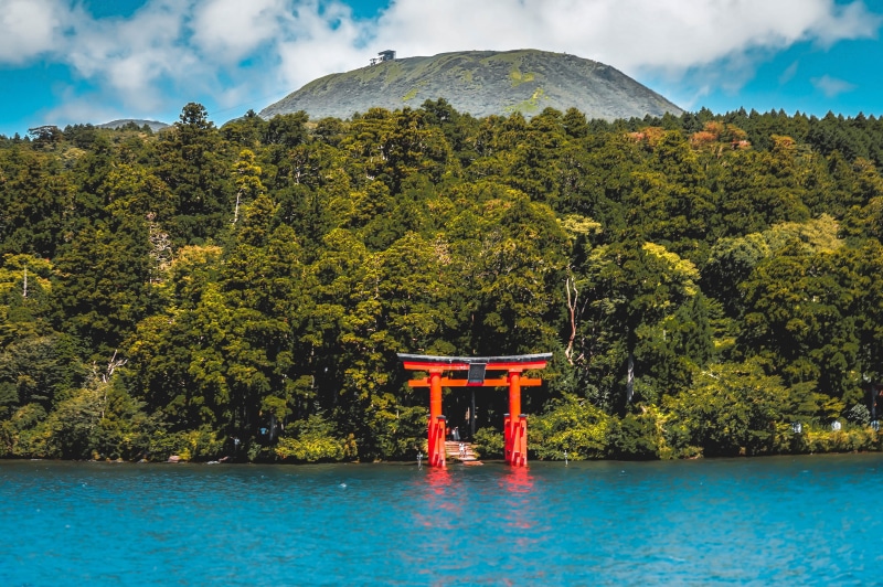 hakone-machi, no people, waterfront, water, mountain, scenics - nature, landscape, tranquil scene, belief, turquoise colored, built structure, trees, nature
