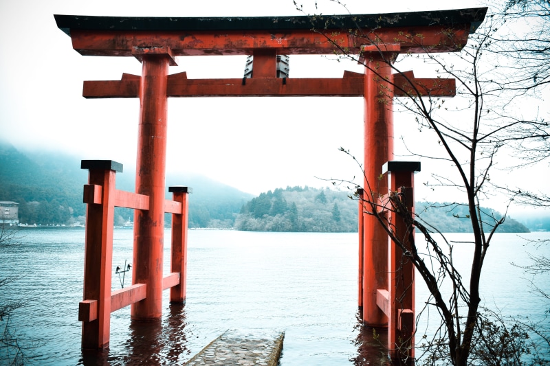 religion, spirituality, wood - material, built structure, nature, forest, shinto, fog, scenics - nature, landscape, shrine, mont fuji, tranquil scene, sea