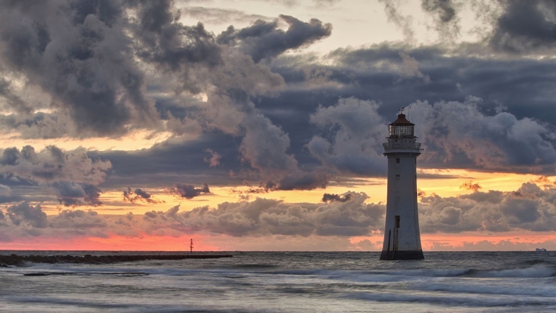 beauty in nature, horizon, direction, wooden, sea, coast, nature, sunset, 1080P, tower, brown, lighthouse, building, rock, beach, house, black, waves
