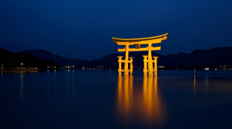 Shrine, nature, Water, cultural, illuminated, touristattraction, 5K, Night, religion, Itsukushima, travel destinations, Japan, building exterior, architecture