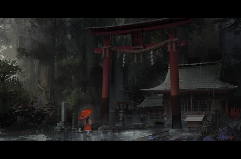 hair, dress, ponytails, shinto, red, rain, scenic, long, dark, forest, Trees, art, hd, shrine, miko, umbrella, gate, buildings, 720P, torii