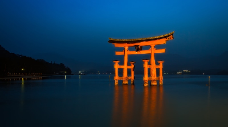tourism, lake, landmark, building, shrine, sankai, building exterior, dusk, hiroshima, ootorii, Scenic, big, Blue, Island, illuminated, spirituality, 5K
