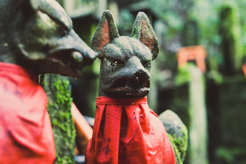 black, male likeness, sculpture, spirituality, plant, craft, fushimi inari taisha, figurine, statue, statues, focus on foreground, focus, outdoors, cultural