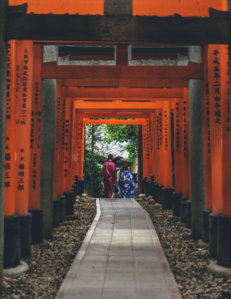 outdoors, women, path, person, asphalt, adult, rear view, day, real people, direction, spirituality, torii, religion, building exterior, belief, men, pillar