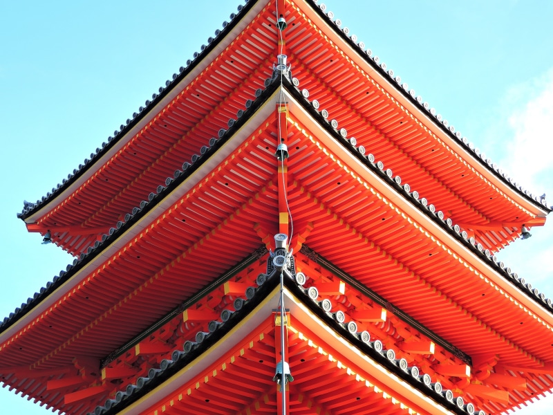 concrete, shrine, japan house, angle, roof, japanese style, 4K, photography, clear sky, low angle view, five story pagoda, building exterior, architecture