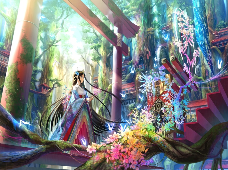 Asian architecture, fantasy girl, oriental, Fuji Choko, torii, forest, kimono, Japanese clothes, anime girls, hair ornament, long hair, sunlight, stairs