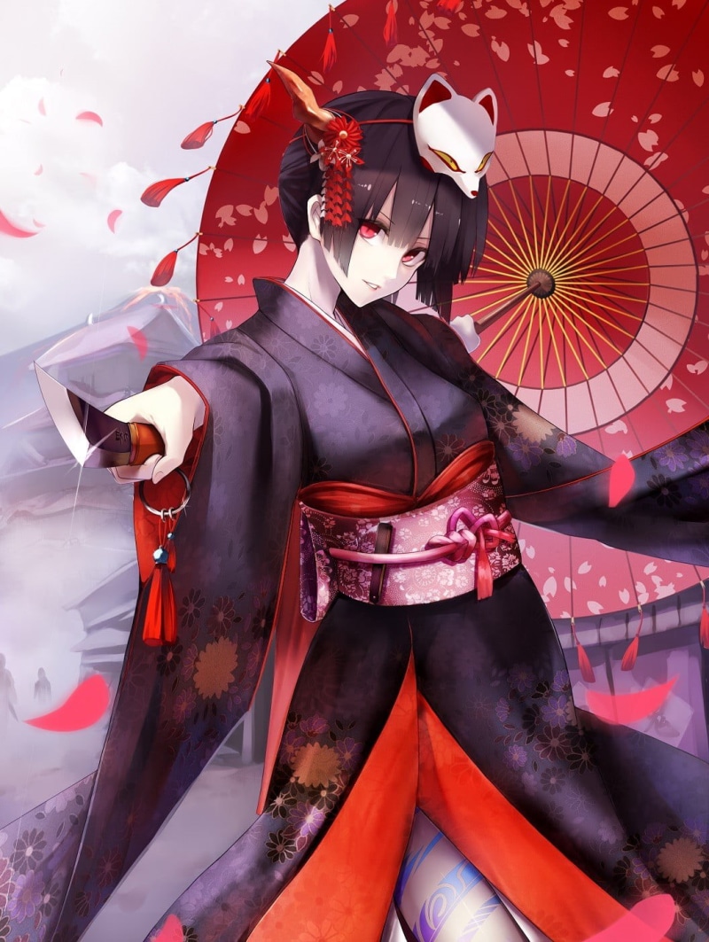 mask, sword, front view, illustration, costume, female, red eyes, celebration, Japanese clothes, cultures, anime girls, red, 720P, asia, women, knife