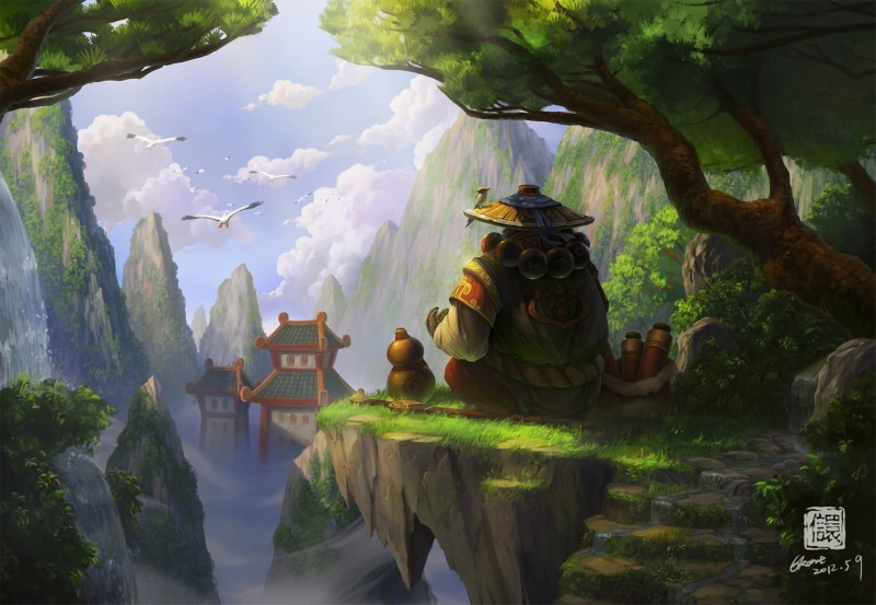 statue, day, stage, art and craft, trees, standing, building, outdoors, belief, ancient, World of Warcraft, hat, history, east Asian Culture, plant, height
