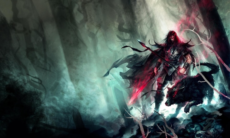male, sword, forest, weapons, trees, warrior, man, 3d and abstract, mist, 1080P, illustration, wolf, spear