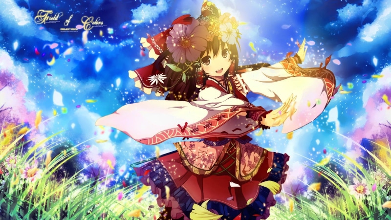720P, digital composite, art and craft, sky, cloud - sky, outdoors, creativity, anime, Hakurei Reimu, representation, night, Touhou, multi colored, leisure activity