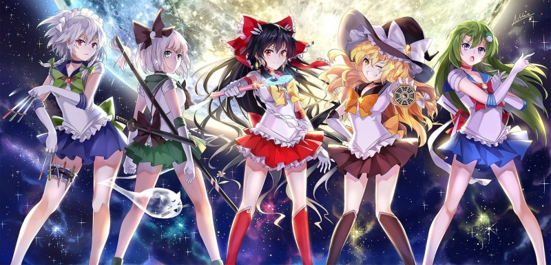Sailor Moon, 1080P, Touhou, Sakuya Izayoi, Marisa Kirisame, Reimu Hakurei, Sanae Kochiya, Youmu Konpaku, Anime, Crossover